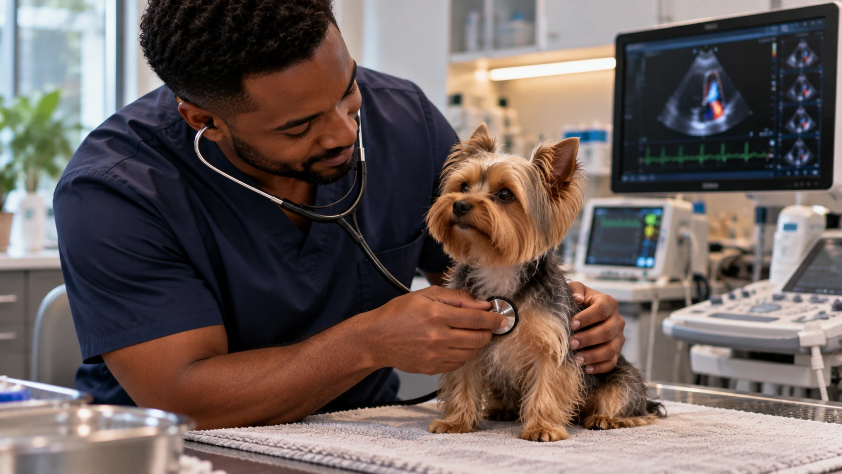 Cão durante avaliação cardiológica veterinária