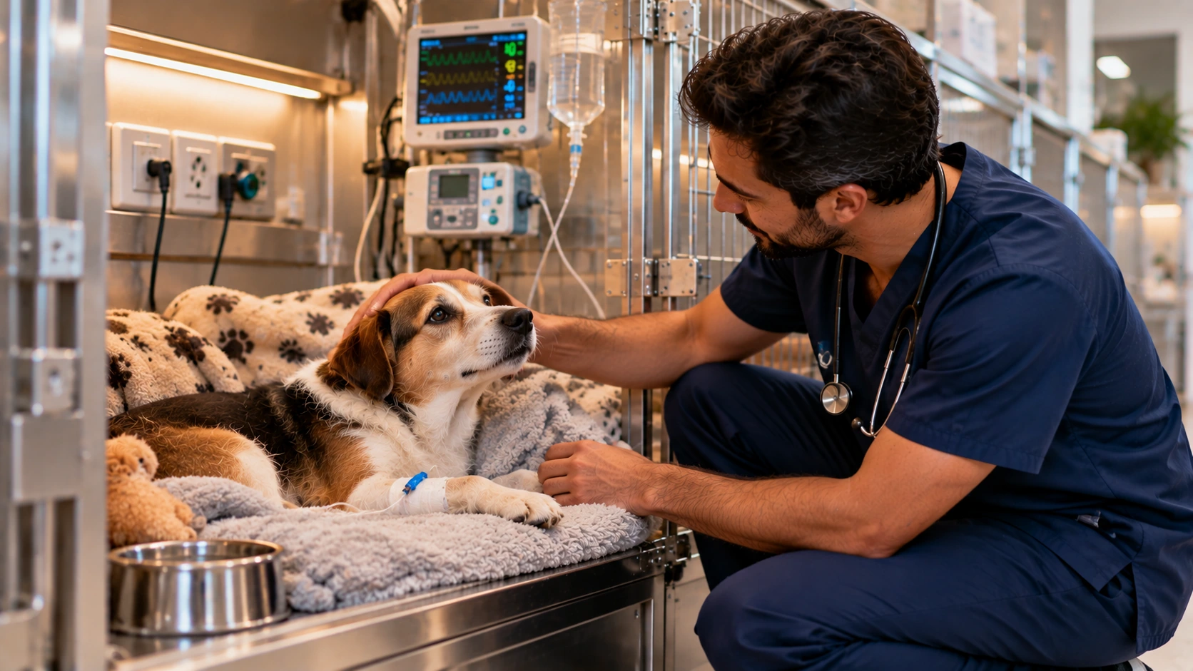 Cão em internação veterinária com monitoramento clínico