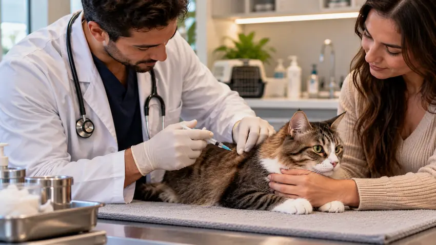 Gato recebendo vacinação em consulta veterinária